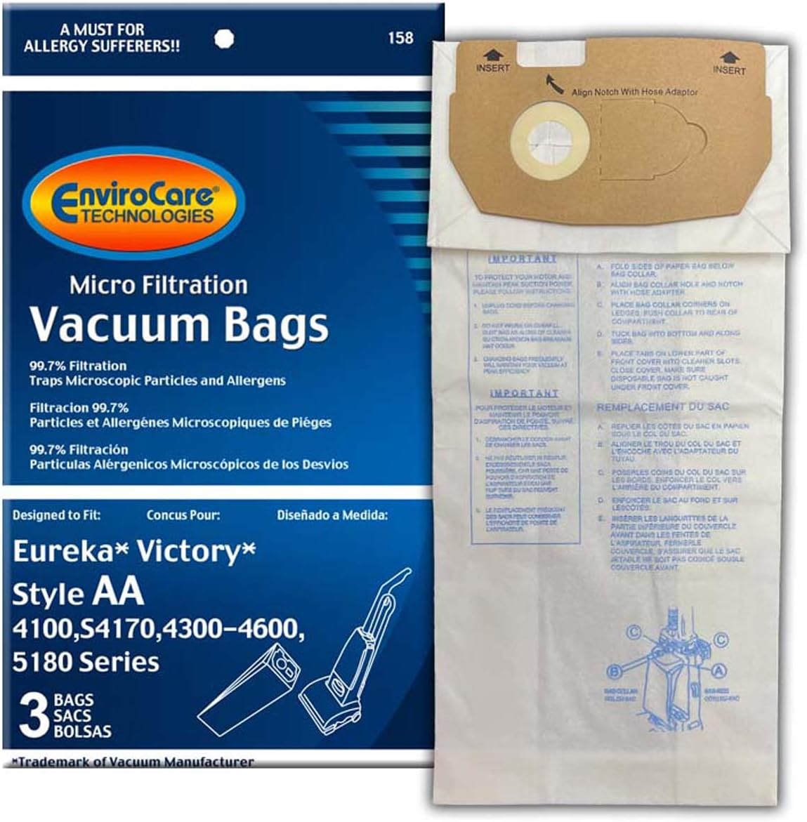 Eureka Style AA Vacuum Bags by Envirocare, 3-Pack, Fits Eureka Victory & Sanitaire SC4570